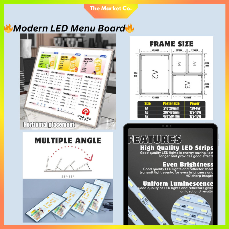 🔥MODERN LED Menu Display Lightbox🔥 A3 A4 Wall/Table Mount Illuminated Sign Board with Bracket Papan 