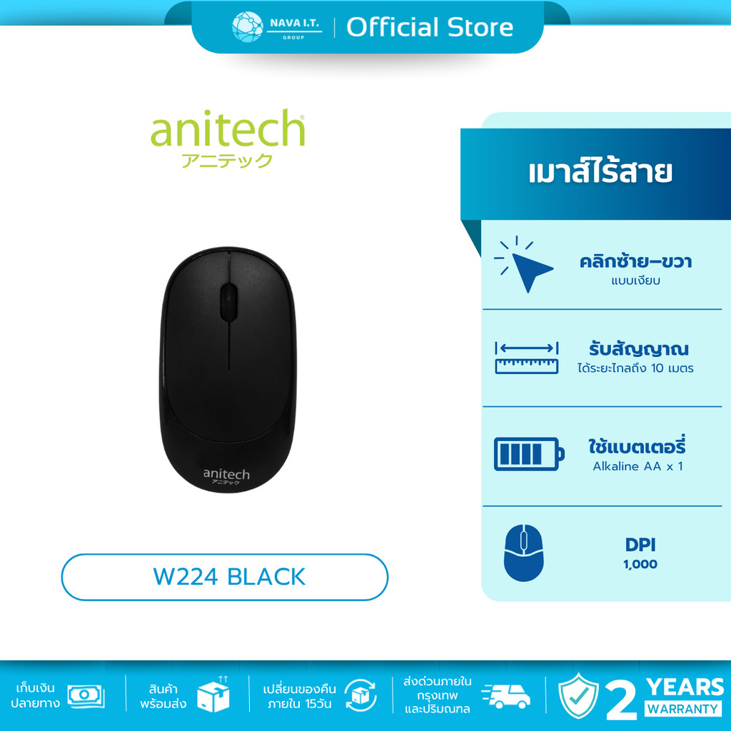 🛵มีส่งด่วน💨 ANITECH W224 BLACK WIRELESS MOUSE SILENT CLICK เมาส์ไร้สาย รับประกัน 2 ปี