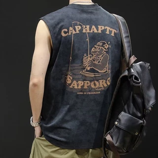 EERSHENSHI เสื้อกั๊กผู้ชายคอกลมเสื้อยืดแขนกุดพิมพ์ลายชายเสื้อที่เสียหาย