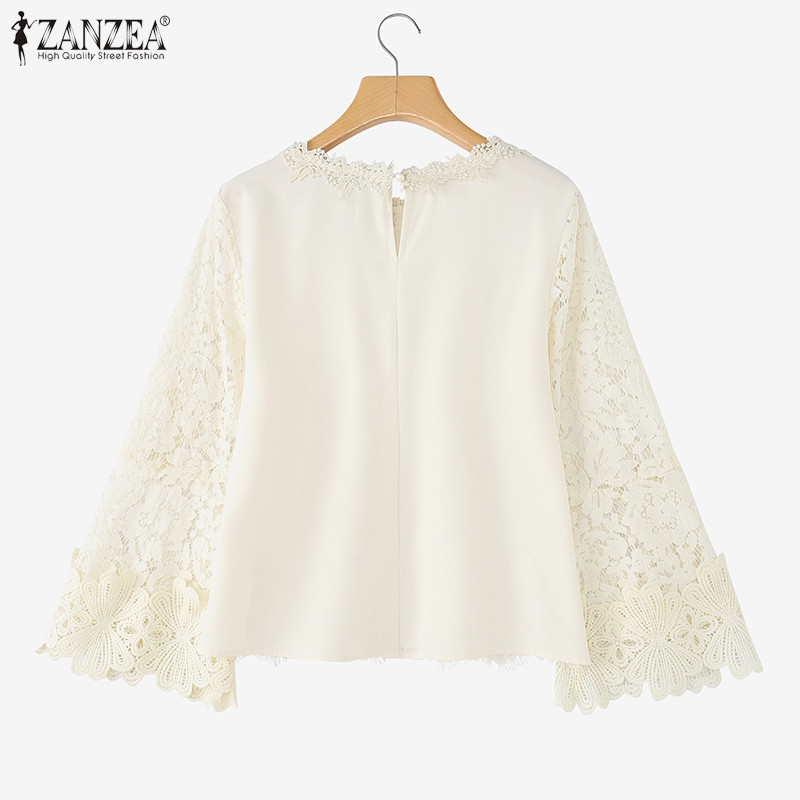 ZANZEA เสื้อแฟชั่นเกาหลีหรูสำหรับผู้หญิง แบบแขน3/4 ลายบานลูกไม้Crochet มีปุ่มด้านหลัง — صورة 8