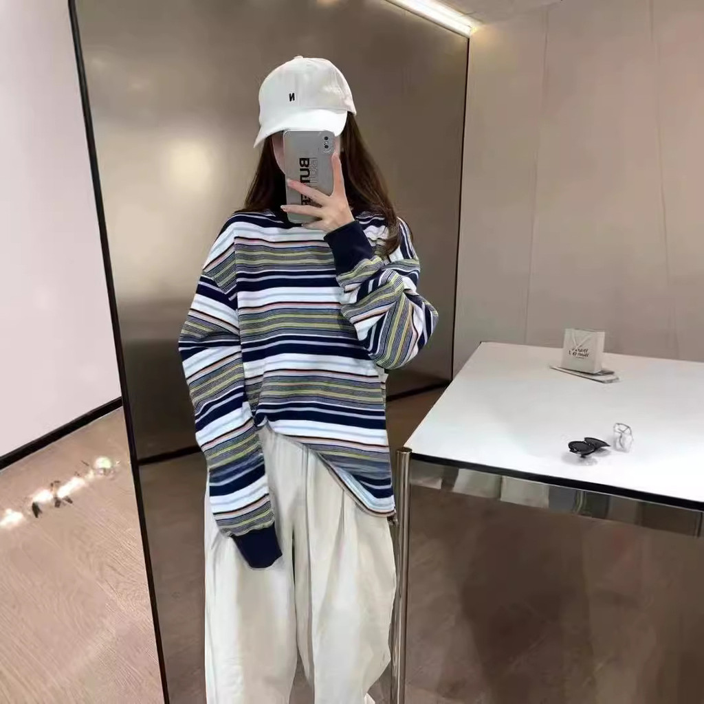 ฤดูใบไม้ร่วงฤดูหนาวลายเสื้อยืดผู้หญิง ADER เวอร์ชั่นเกาหลีหลวมขี้เกียจผู้ชายผู้หญิงเสื้อยืดแขนยาวลํา