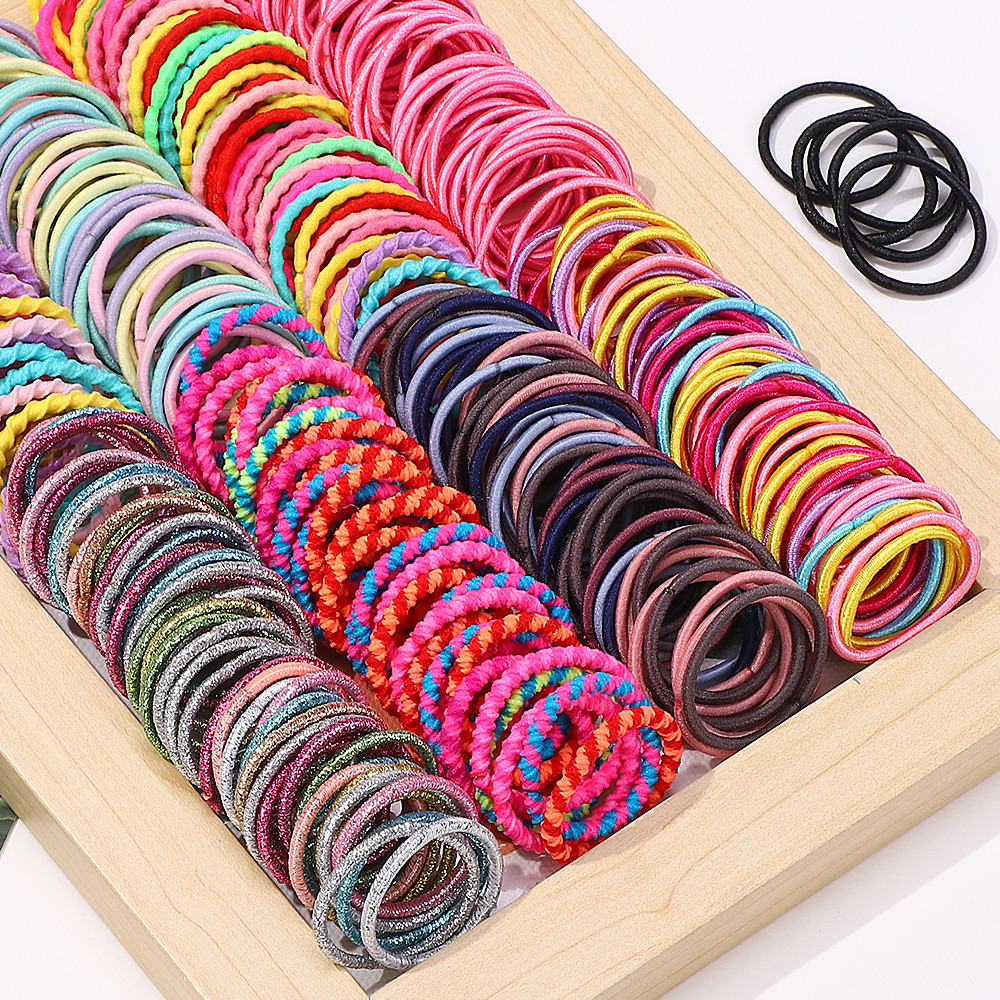 ผมวงยืดหยุ่นยางสำหรับเด็กและวัยรุ่น 100 ชิ้น สีสันสดใส ใช้เป็นคาดศีรษะหรือตกแต่งเส้นผม