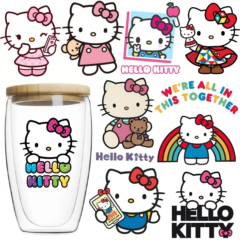 Hello Kitty สติกเกอร์พิมพ์เย็นคริสตัลกาว UV Transfer สติกเกอร์แฟชั่น DIY ป้ายสติกเกอร์การ์ตูนสติกเกอร์ล้างทําความสะอาดได้