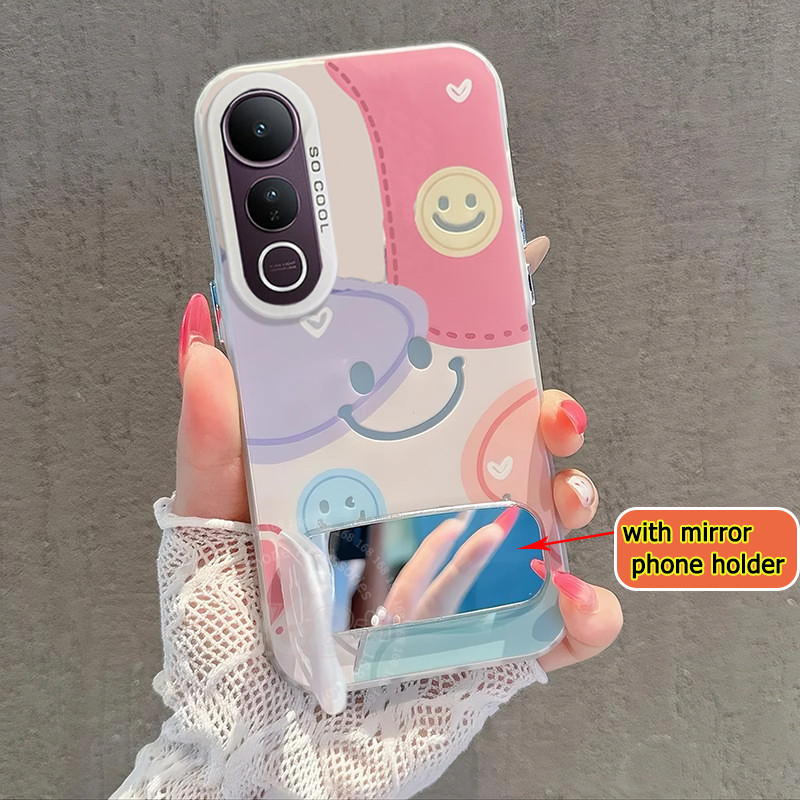 เคส Vivo V50 5G เคส Vivo V50 Lite 5G เคสน่ารักสีสันยิ้มด้านกันกระแทกเคสกระจกขาตั้งโทรศัพท์สําหรับเด็