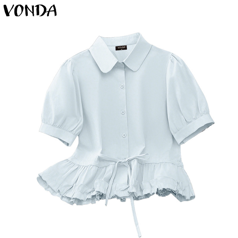 VONDA เสื้อผ้าสไตล์เกาหลีสำหรับผู้หญิง ดีไซน์พัฟแขน Lace-Up กับรายละเอียดไม้ Trim ในทรง A-Line