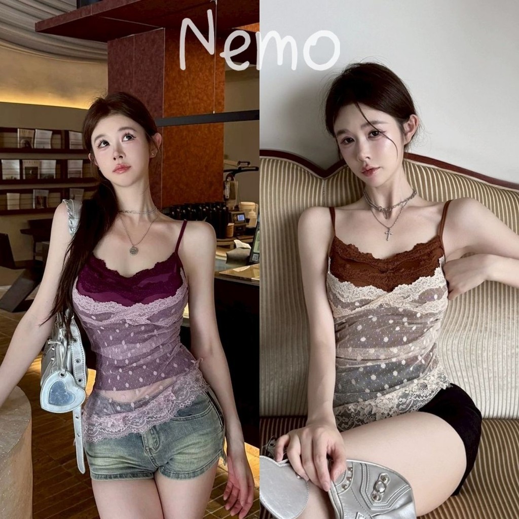 Nemo store #FY1956 เสื้อสายเดี่ยว ลายลูกไม้ผ้านิ่ม น้ำตาลม่วง มีฟองน้ำ ทรงรัดพอดี