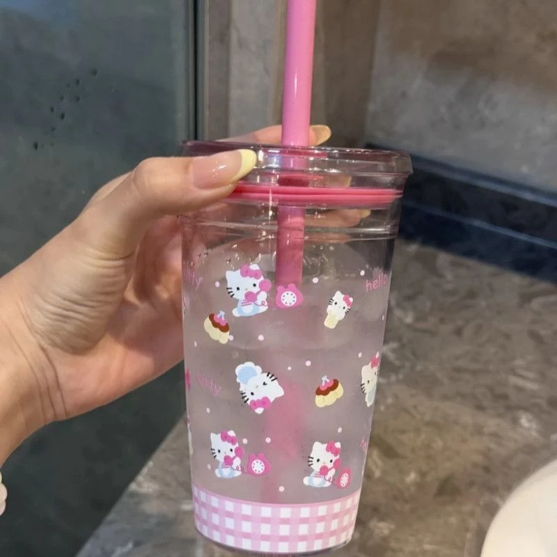 Ins สีชมพูน่ารักการ์ตูน HelloKitty ถ้วยกาแฟมูลค่าสูง DIY ถ้วยพลาสติกนักเรียน Office Home ถ้วยฟาง