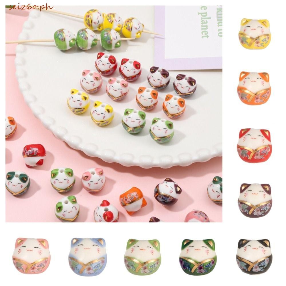 SEIZ6O ลูกปัดแมว พลูตัส, ลูกปัด Kitty Cat Maneki-eko, สร้อยคอสวย Handmade เซรามิค DIY เครื่องประดับจ