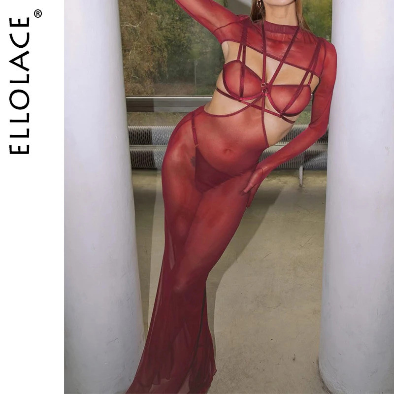 ELL Elegant Sexy Female Lingerie Willowy See through 4PC Mermaid Set Backless Long Dress Gloves Crop