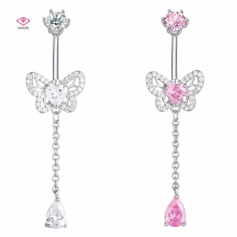 HWETR แหวนท้องปุ่ม หัวใจและผีเสื้อทำจากสแตนเลส คริสตัลเจียระไน เครื่องประดับใหม่สำหรับผู้หญิง