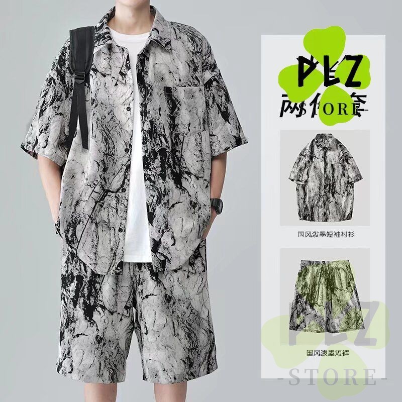 Ink Tie-Dye ดอกไม้เสื้อผู้ชายแขนสั้นผ้าไหมน้ําแข็งเสื้อสไตล์ใหม่ผู้ชายชุดน้ําCrushionเสื้อชายแขนสั้น