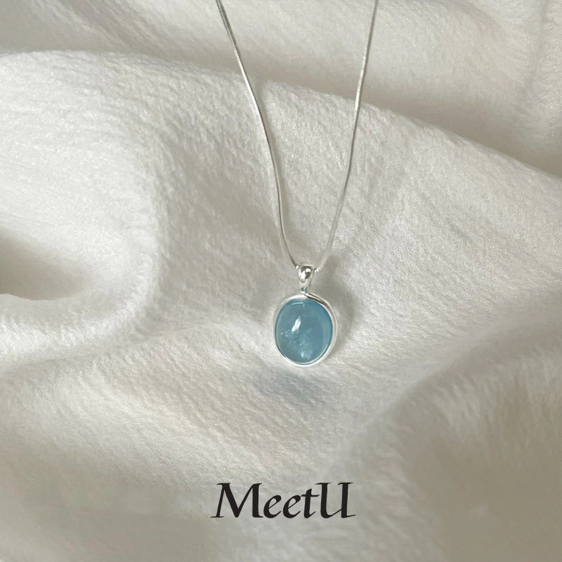 สร้อยคอมุทราพิมพ์รูปไข่จากเงินSterling 925 พลอยสีฟ้ามูนสโตน แบบไม่เหมือนใครพร้อมจี้และโซ่กระดูกไหปลาร้า