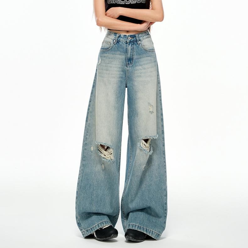 S-6XL กางเกงยีนส์แฟชั่นสีน้ำเงินขาดๆ ทรงหลวมเอวสูงขากว้างทรงตรงสำหรับผู้หญิง - รูปที่ 3