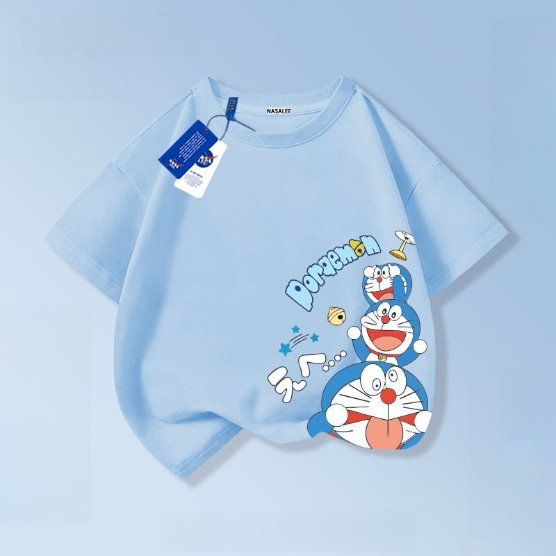 (จัดส่งตลอด 24 ชั่วโมง)KIDS TNASA เสื้อยืดแขนสั้นลายทางสีฟ้าและขาวลายโดราเอมอนสำหรับเด็กชายและเด็กหญิง รุ่นใหม่ 2025
