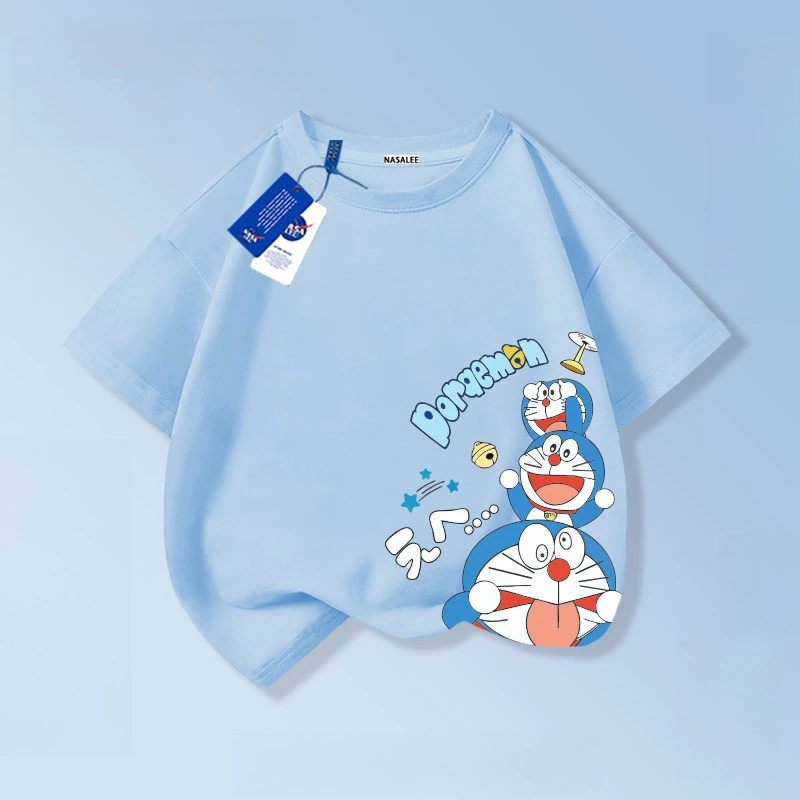 (จัดส่งตลอด 24 ชั่วโมง)KIDS TNASA เสื้อยืดแขนสั้นลายทางสีฟ้าและขาวลายโดราเอมอนสำหรับเด็กชายและเด็กหญิง รุ่นใหม่ 2025