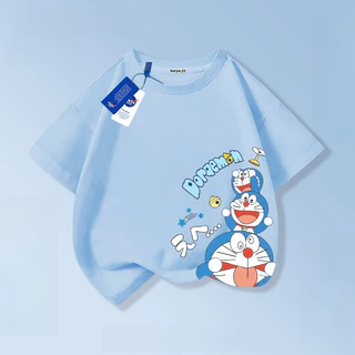 (จัดส่งตลอด 24 ชั่วโมง)KIDS TNASA เสื้อยืดแขนสั้นลายทางสีฟ้าและขาวลายโดราเอมอนสำหรับเด็กชายและเด็กหญิง รุ่นใหม่ 2025