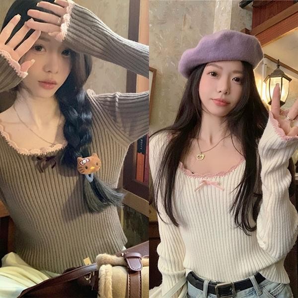 Red Berryเสื้อสเวตเตอร์แขนยาวถักลูกไม้หวานสำหรับผู้หญิงฤดูใบไม้ร่วงและฤดูหนาวโบว์ใหม่X602