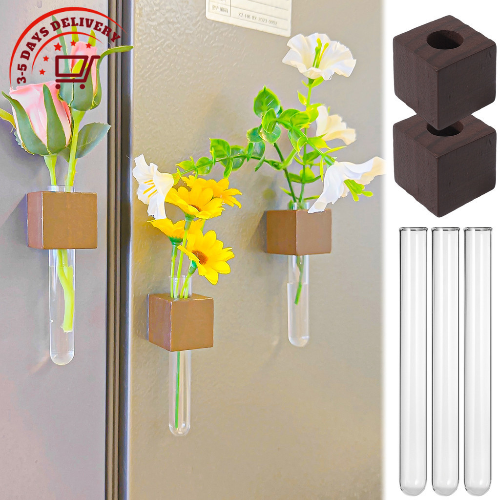 [จัดส่ง 3-5 วัน] แม่เหล็กติดตู้เย็นไม้พร้อมหลอดทดลองตกแต่งแจกันดอกไม้ชนบทสําหรับตู้เย็น, อุปกรณ์บ้านครัวที่ทันสมัยเรียบง่าย (2/3/5 ชุด)