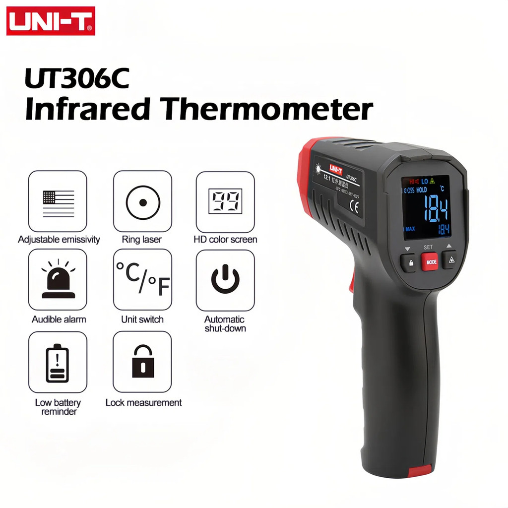 UNI-T เทอร์โมมิเตอร์ดิจิตอล UT306S UT306C 50℃～500℃ เครื่องวัดอุณหภูมิเลเซอร์อินฟราเรดแบบไม่สัมผัส