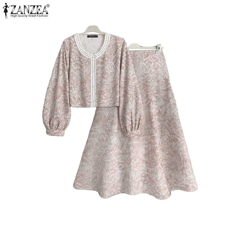 ZANZEA ซานเซีย เสื้อสตรีแขนโคมไฟยาวลูกไม้วันหยุดเกาหลีและกระโปรงเอวสูงชุดสองชิ้น