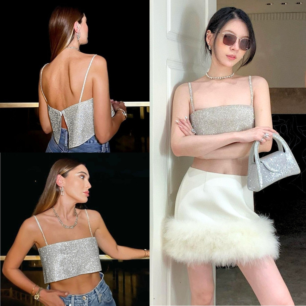 🔥ราคาถูกที่สุด🔥เสื้อครอปสายเดี่ยวกลิตเตอร์สุดเก๋ ระยิบระยับ ด้านหลังเป็นตะขอ มีซับใน