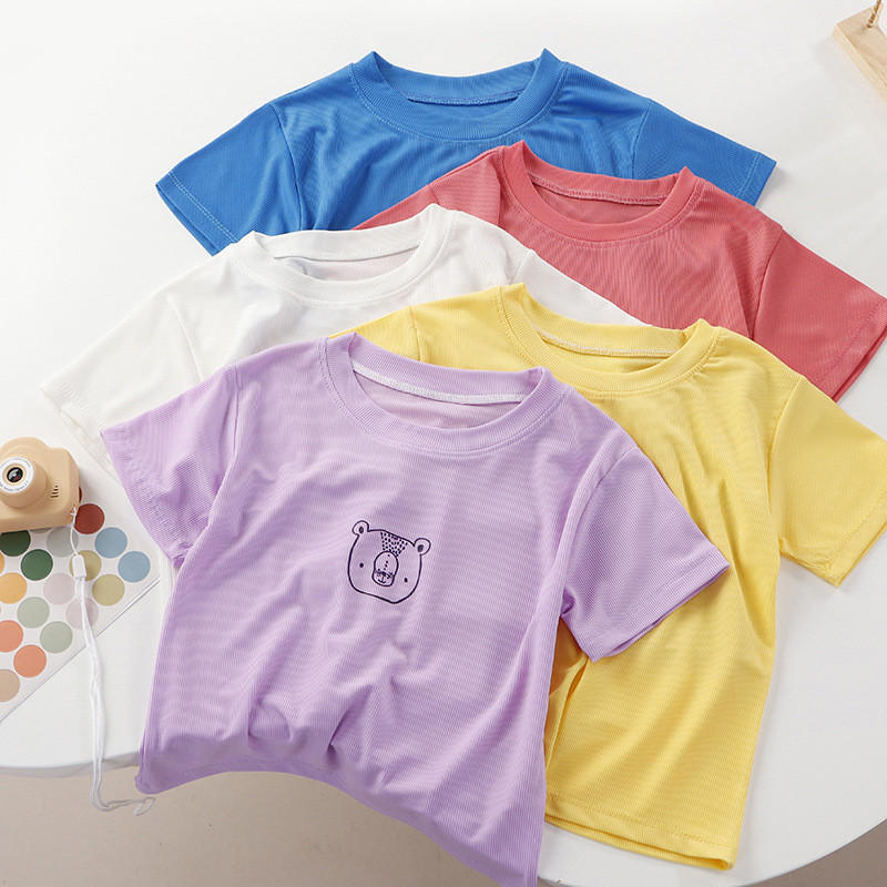 80-150เสื้อยืดคอกลม แขนสั้น ผ้าเรยอน สีแคนดี้ แฟชั่นฤดูร้อน สําหรับเด็กผู้ชาย และเด็กผู้หญิง