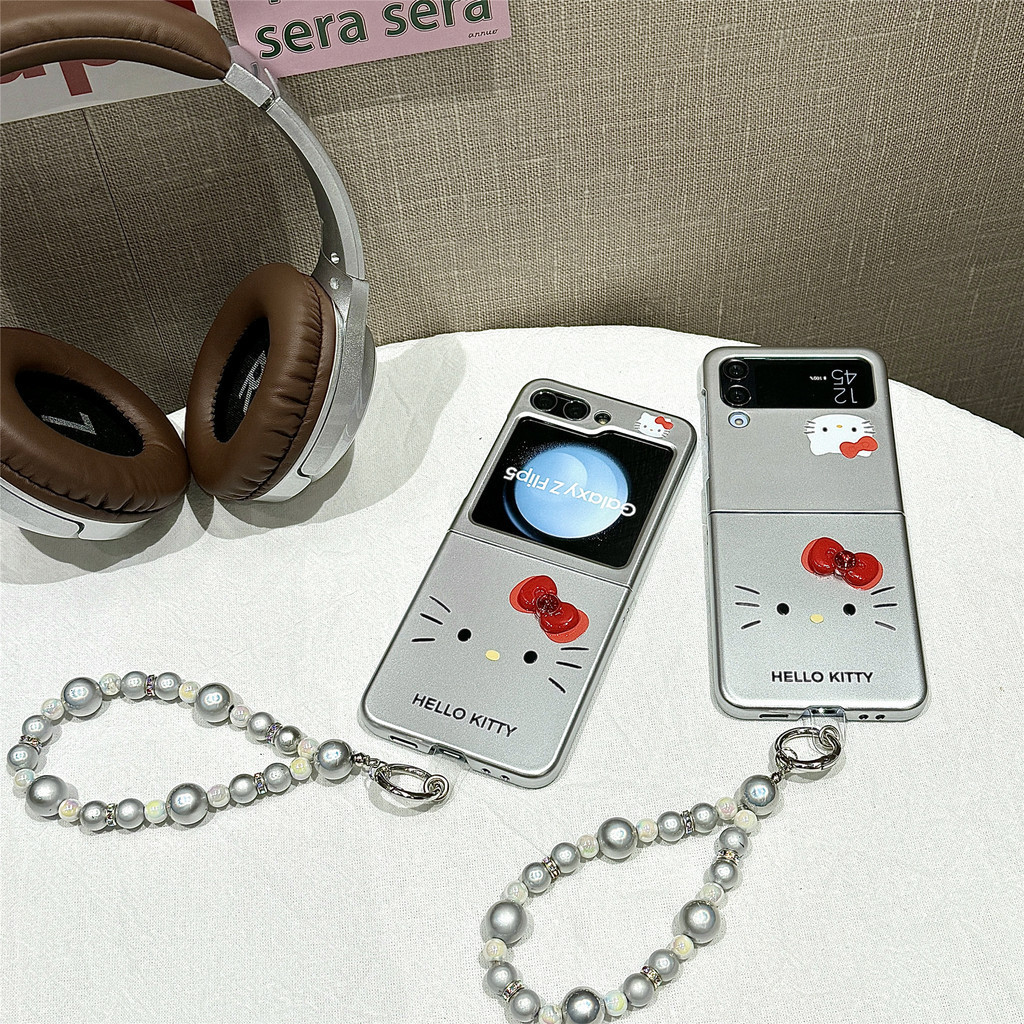 Flip 6 Samsung Galaxy Z Flip5 Electroplated กรณีน่ารักการ์ตูน 3D โบว์ Hello Kitty พร้อมโซ่กรณี Samsung Galaxy Z Flip 3 Flip 4 5G hard กันกระแทกโทรศัพท์ความคิดสร้างสรรค์กรณีฝาครอบ