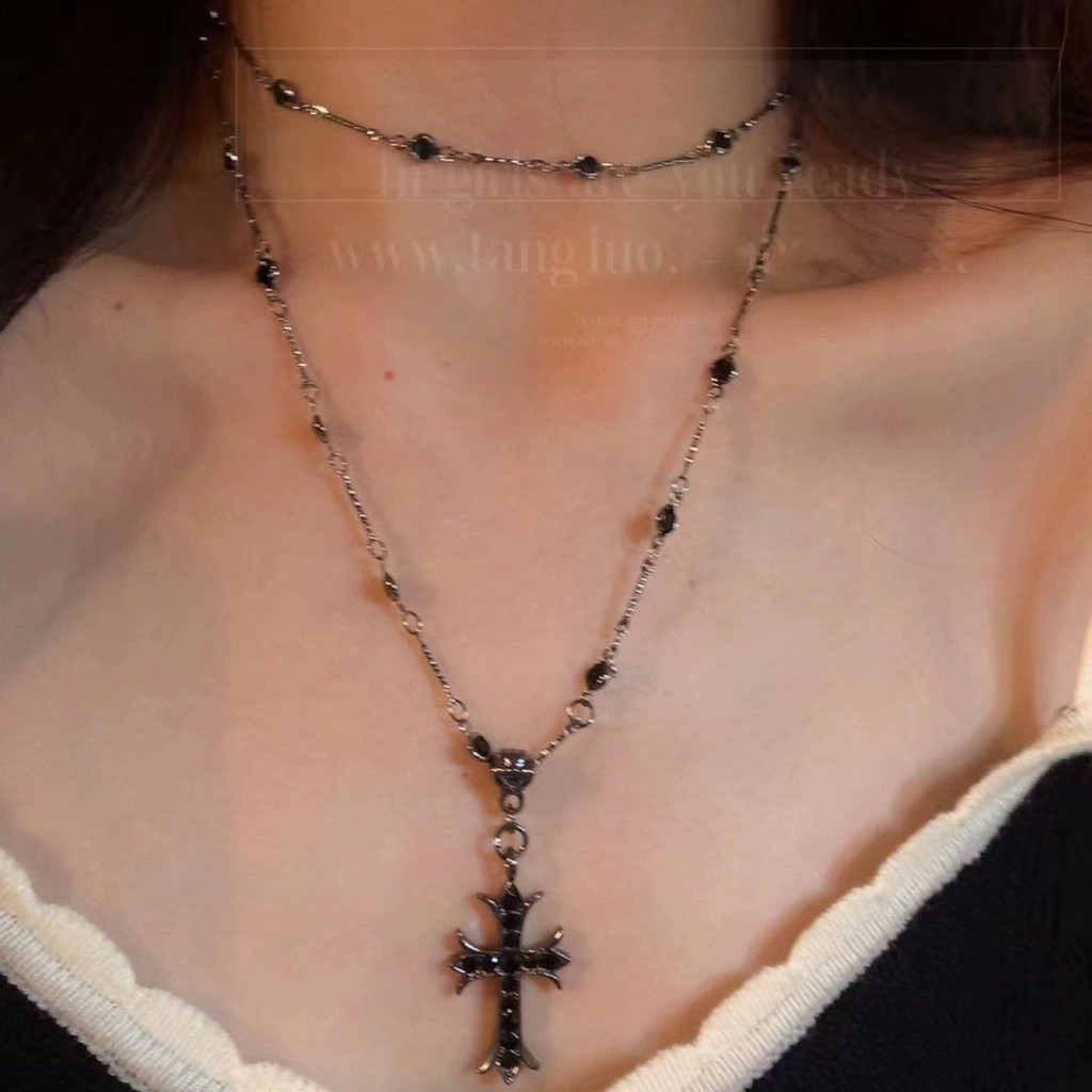 X-range Dark Belt Buckle choker Stacked Cross สร้อยคอยาว 2024 ฤดูร้อนสไตล์ใหม่ ins Casual ผู้หญิงอุปกรณ์เสริม