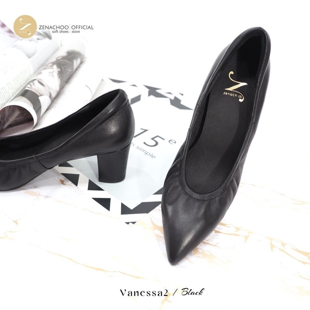 ทรงปกติ:เปลี่ยนไซส์ได้-ไม่รับคืน Zenachoo Vanessa2 สี BLack สูง 2 นิ้ว รองเท้าหนังแกะนิ่ม หัวแหลมทรงสวย