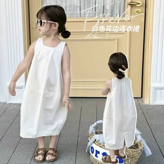 1-12ย ลําลองเด็กผู้หญิงสีขาวแขนกุดชุด 2024 ฤดูร้อนสไตล์ใหม่เ…