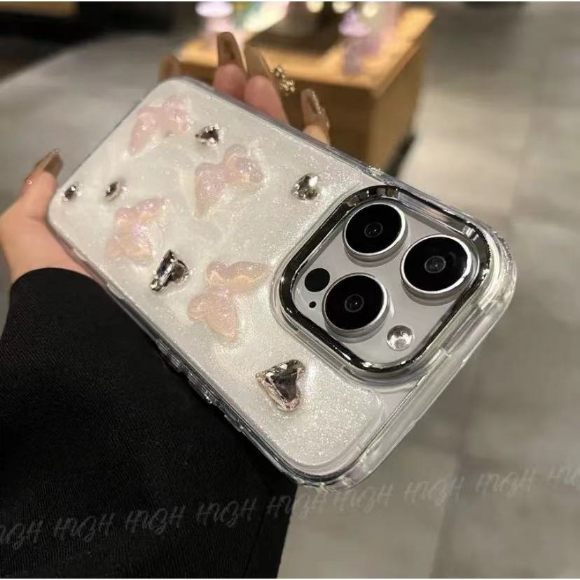 หรูหราครีมพิมพ์เพชรผีเสื้อสีชมพูเคสโทรศัพท์สําหรับiphone 15 14 Pro Max 13 12 11 Plusปลอกกันกระแทกเลนส์กล้องป้องกันรวมทุกอย่างขอบนุ่มฮาร์ดปกหลังIPhone