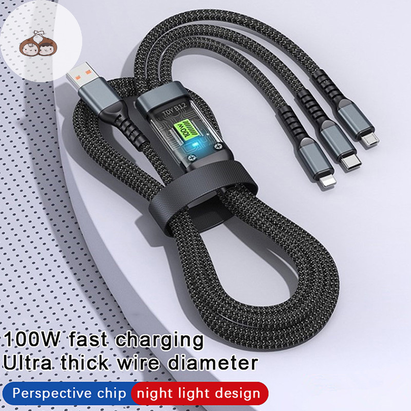 Bef 3-in-1 100W 5A Fast Charging USB To Type-C Micro Fast Charger Cable สําหรับโทรศัพท์ชิปโปร่งใสสายชาร์จ TH