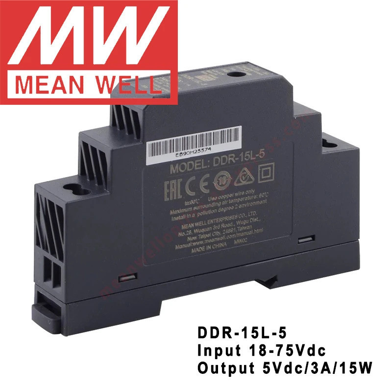 Original Mean Well DDR-15L-5 Din Rail ประเภท DC-DC Converter หมายถึงwell 5V/3A/15W DC to DC Power Su