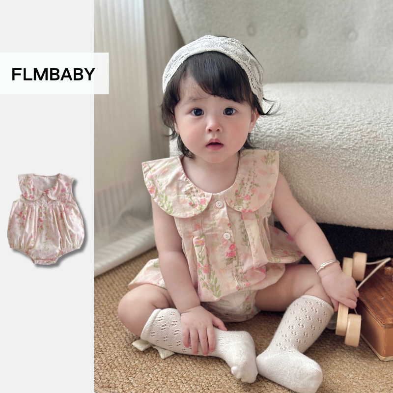 ฤดูร้อนทารกแรกเกิดromperดอกไม้สีชมพูlapelแขนกุดjumpsuitสาวบอดี้สูท