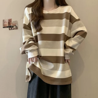 Retro ลายเสื้อยืดผู้หญิง 2026 หลวม Slimmer ดู Preppy สไตล์แขนยาว
