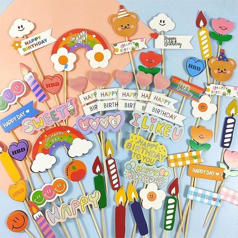 ปลั๊กอินตกแต่งเค้กเกาหลี 10 ชุด HBD Smile Rainbow Candle Paper Cup Cake Plugin