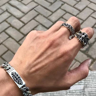 ไทเทเนียมเหล็ก Chrome Hearts Cross Ring Rock Hip-Hop Hollow เปิดแหวนคู่สําหรับผู้หญิงและผู้ชาย
