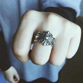 ไทเทเนียมเหล็ก Chrome Hearts Cross Ring Rock Hip-Hop Hollow เปิดแหวนคู่สําหรับผู้หญิงและผู้ชาย