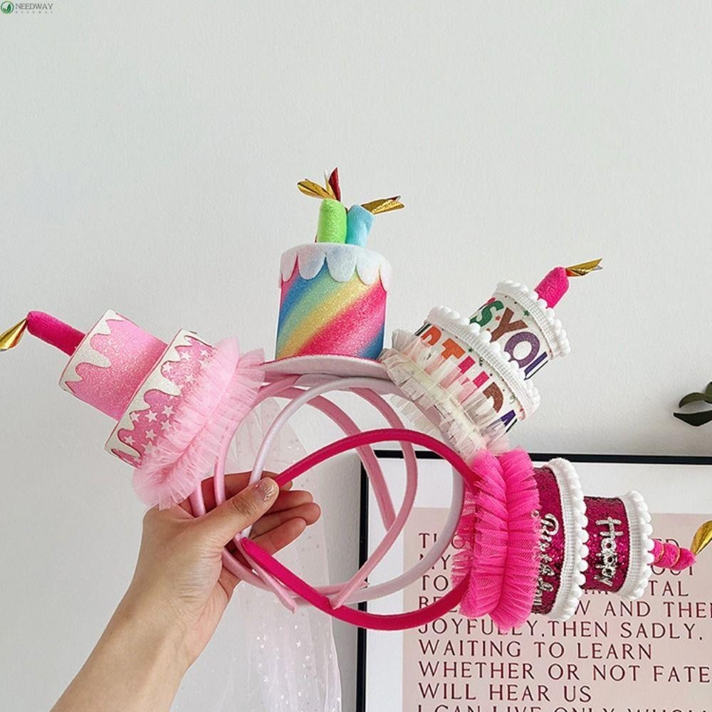 Needway ที่คาดผมวันเกิด,เครื่องประดับผม Happy Birthday ที่คาดผมสไตล์เกาหลี,เทียนตลกที่มีสีสันเค้กผู้หญิงผม Hoop Headwear