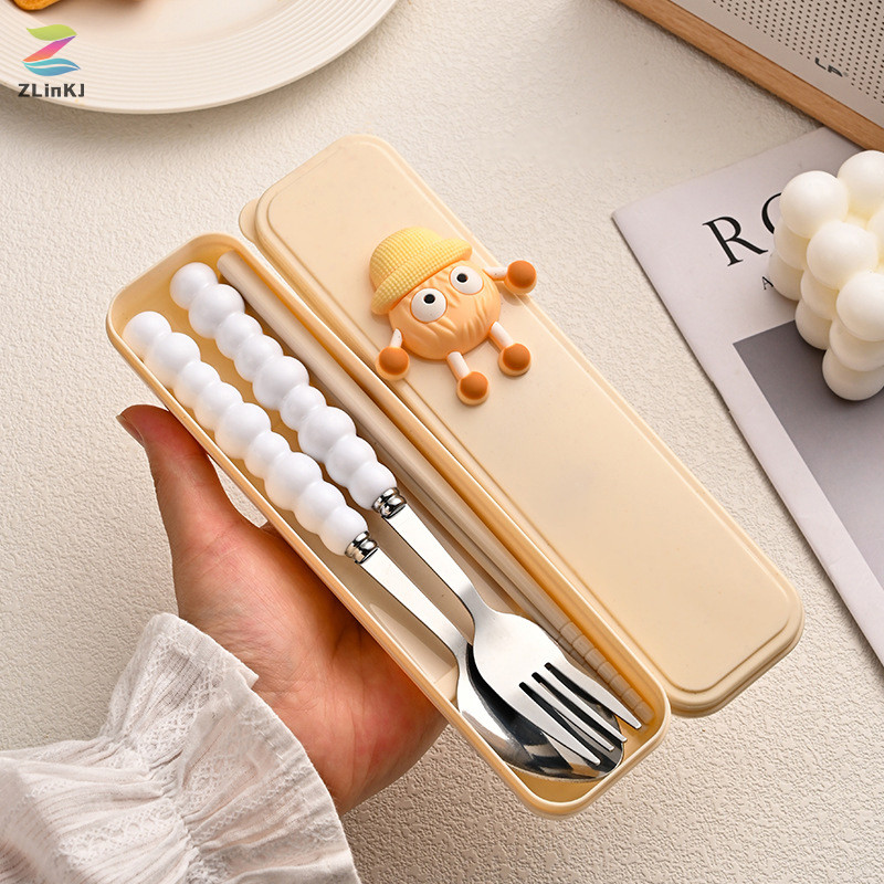 Zlinkj 4 ชิ้นเด็กน่ารักช้อนส้อม Pearl HandleKids สแตนเลสช้อนส้อมแบบพกพานักเรียนการ์ตูนบนโต๊ะอาหารกล่องเก็บชุดใหม่