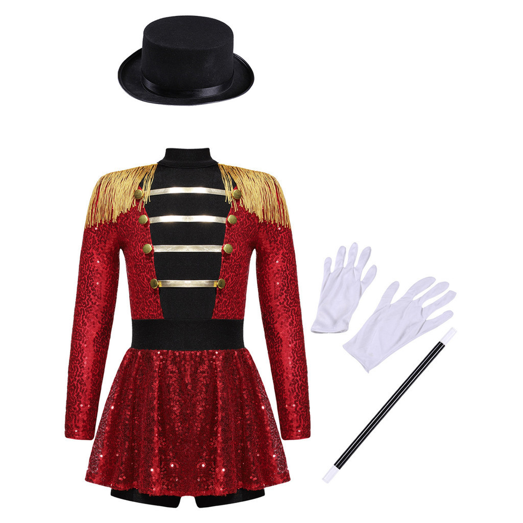 เด็กผู้หญิงฮาโลวีน Circus Ringmaster Magician คอสเพลย์เครื่องแต่งกายแขนยาวเลื่อม Leotard ชุดหมวก Magic Wand ถุงมือชุดสําหรับ Theme Party Carnival