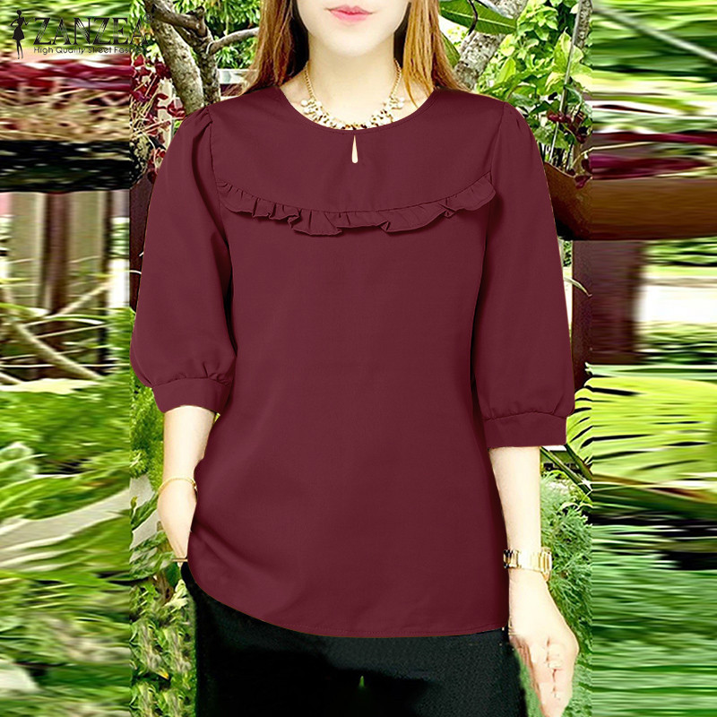 Zanzea ผู้หญิงเกาหลี Daily3/4 แขนเสื้อคอกลมสีทึบ Ruffle ตกแต่งเสื้อ — صورة 4