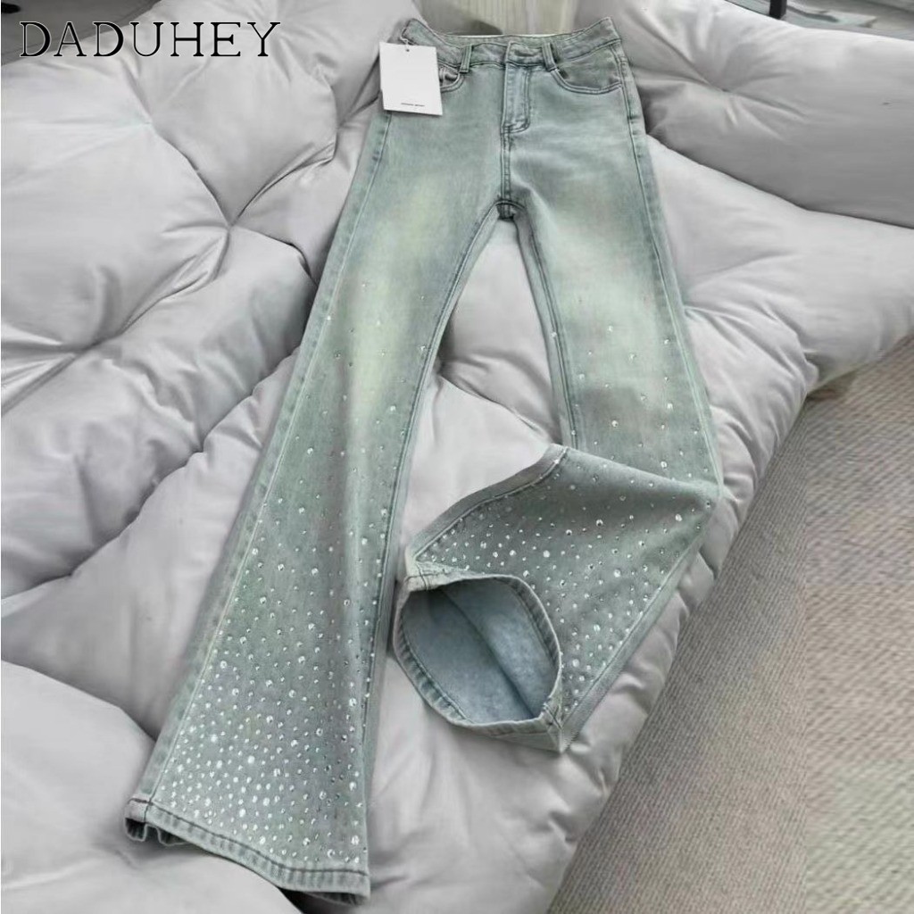 DaDuHey Women's 2024 New Fashion All-Match Starry Light Blue Slim Wide-Leg Jeans Korean Style High Waist Loose and Slimming Bell-Bottom Pants