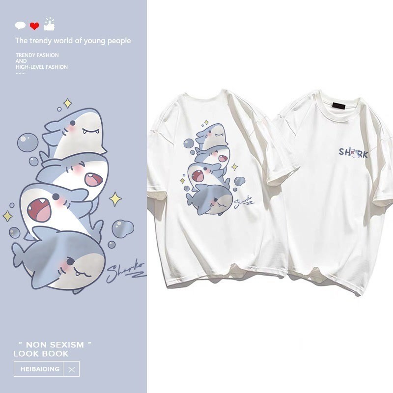 COD✅ (จัดส่งในกรุงเทพฯ) MAO Shop  Printed T-shirt，ฉลามการ์ตูนน่ารักพิมพ์เสื้อยืดแขนสั้นหลวม #51500