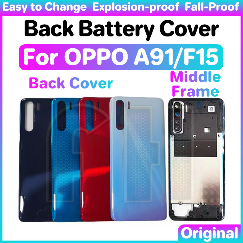 ฝาหลังแบตเตอรี่ด้านหลัง LCD ด้านหน้ากรอบกลางสําหรับ oppo a91 f15 PCPM00 CPH2001 CPH2021 เลนส์กล้องด้านหลังประตูกรณีกล้องเลนส์ปุ่มข้าง