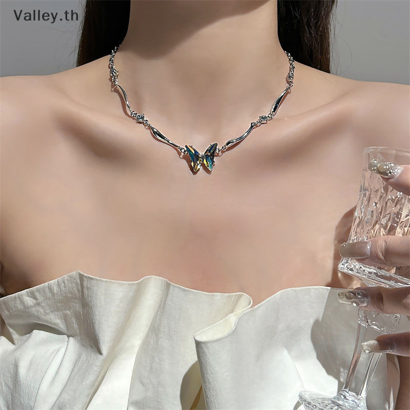 Valley.th เงา Statement สร้อยคอจี้ผีเสื้อสําหรับผู้หญิงสาวที่มีสีสันประณีต Claviular Chain เครื่องประดับอุปกรณ์เสริมของขวัญ TH