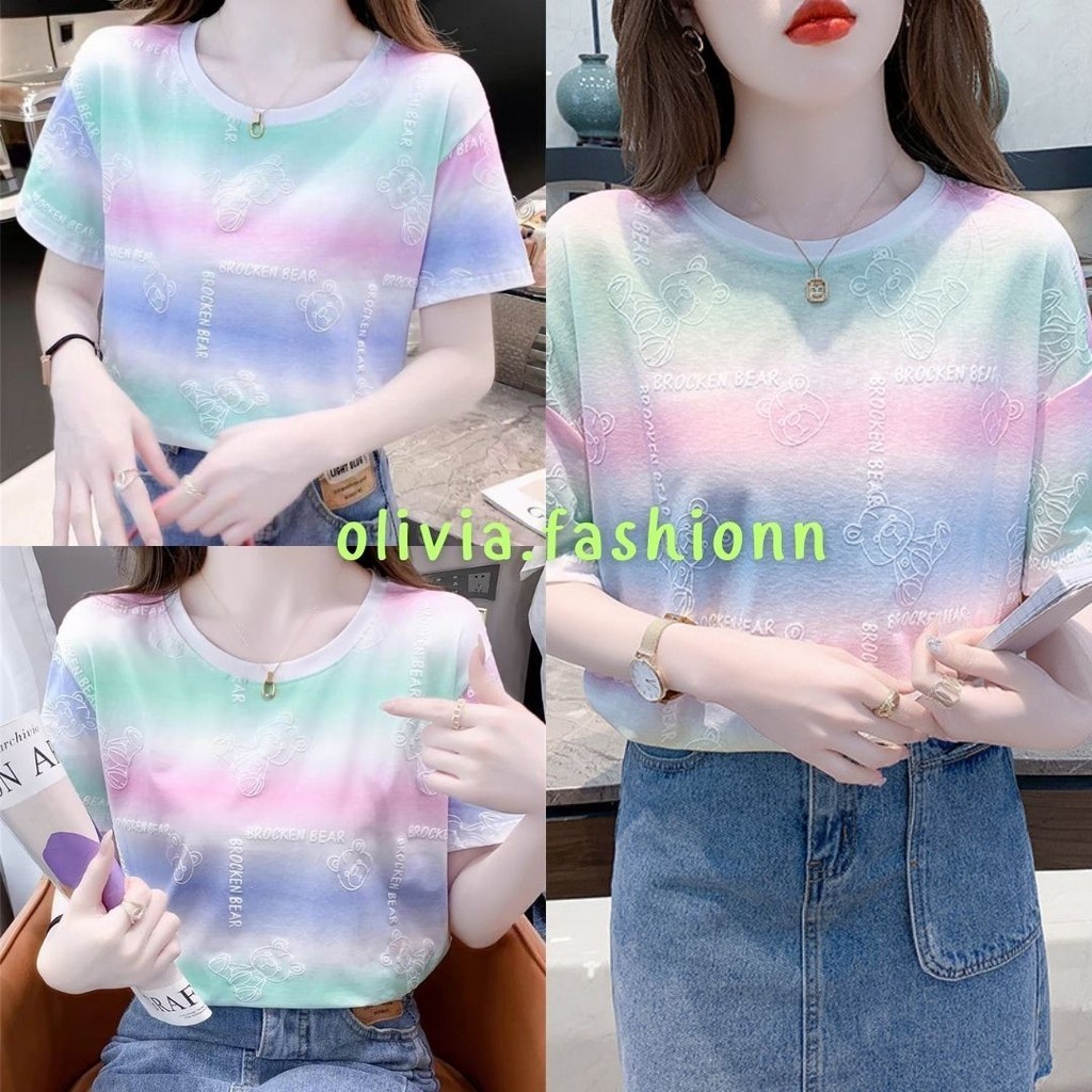 🦄Olivia🦄เสื้อสื้อยืดลายหมีพาสเทล oversize แขนสั้นผู้หญิง #KB12