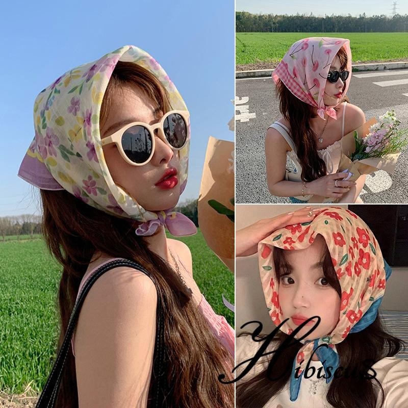 ชบา ผ้าพันคอผมแฟชั่นดอกไม้พิมพ์ลายสี่เหลี่ยม อุปกรณ์เสริมผม Kerchief