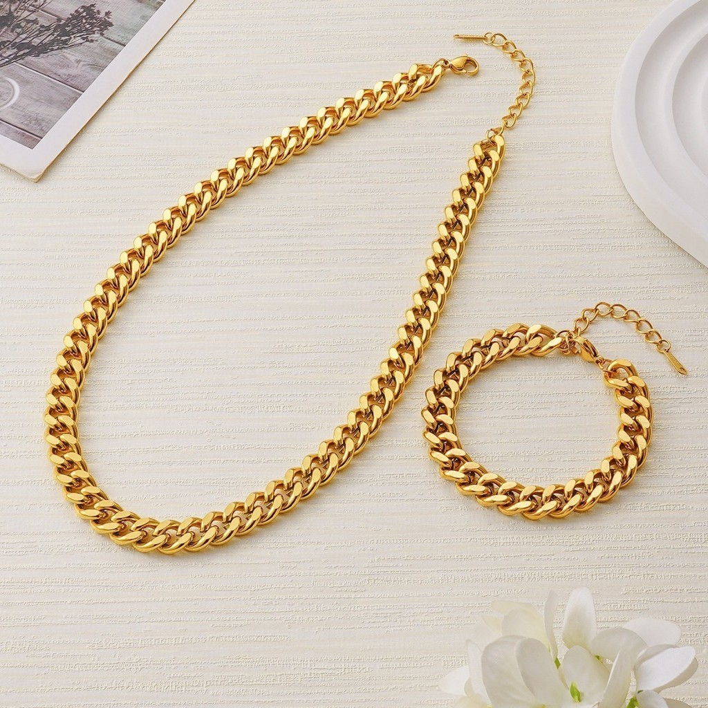 ชุดสร้อยข้อมือสร้อยคอเหล็กไทเทเนียมไม่ซีดจางชุบทอง18K, อุปกรณ์เสริมคู่ฮิปฮอปคิวบาประกาย