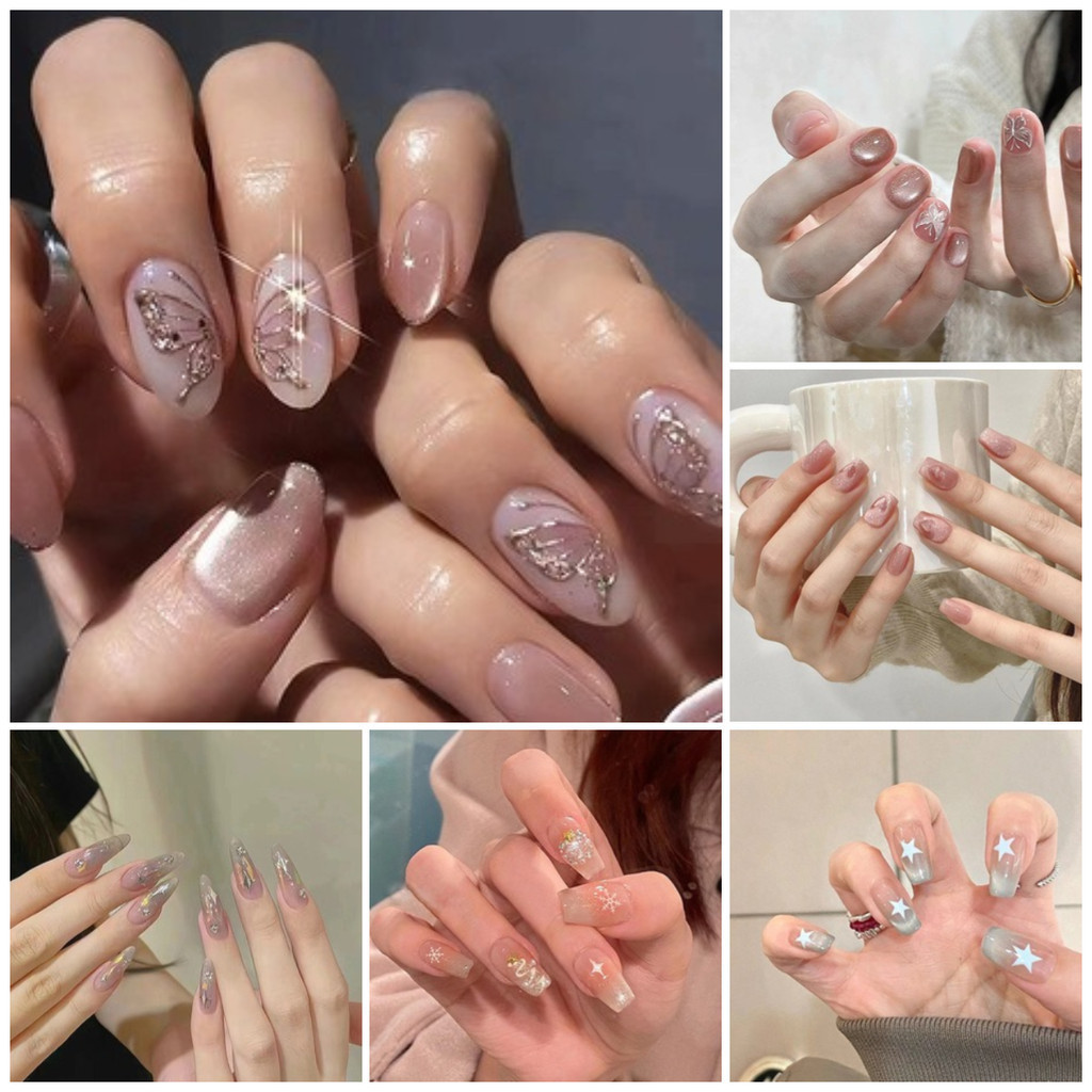 24 ชิ้น/กล่อง Cat Eye Handmade กดบนเล็บเล็บปลอมพร้อมสติกเกอร์กาว COD